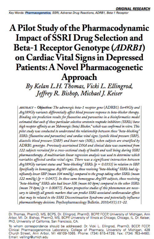 A Pilot Study of the Pharmacodynamic Impact of SSRI Drug Selection and Beta-1 Receptor Genotype (ADRB1) on Cardiac Vital Signs in Depressed Patients: A Novel Pharmacogenetic Approach