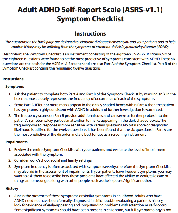 Adult ADHD Self Report Scale ASRS v1 1 Symptom Checklist MedWorks Media