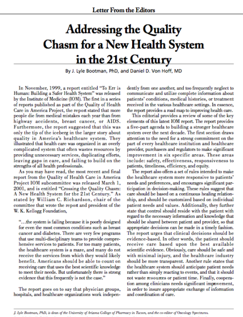 Letter From the Editors: Addressing the Quality Chasm for a New Health System in the 21st Century