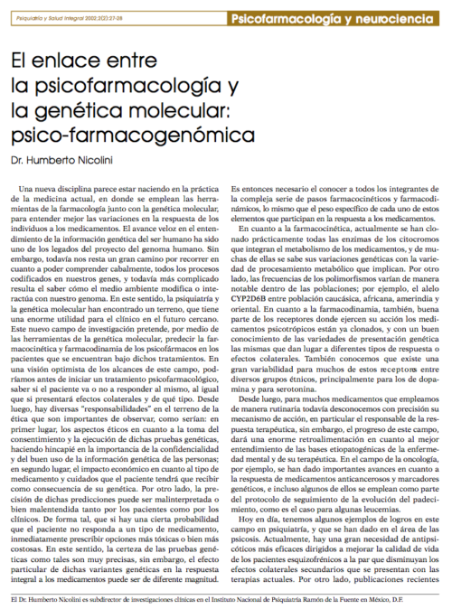 Psicofarmacología y Neurociencia: El enlace entre la psicofarmacología y la genética molecular: psico-farmacogenómica