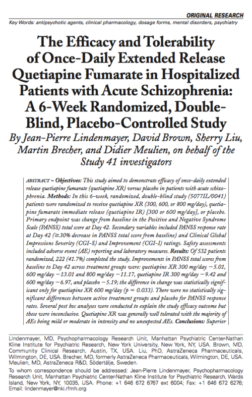 The Efficacy and Tolerability of Once-Daily Extended Release Quetiapine Fumarate in Hospitalized Patients with Acute Schizophrenia: A 6-Week Randomized, Double-Blind, Placebo-Controlled Study