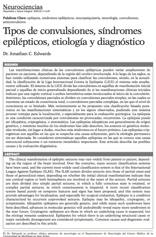 Neurociencias: Tipos de convulsiones, síndromes epilépticos, etiología y diagnóstico