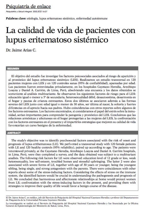 Psiquiatría de enlace: La calidad de vida de pacientes con lupus eritematoso sistémico