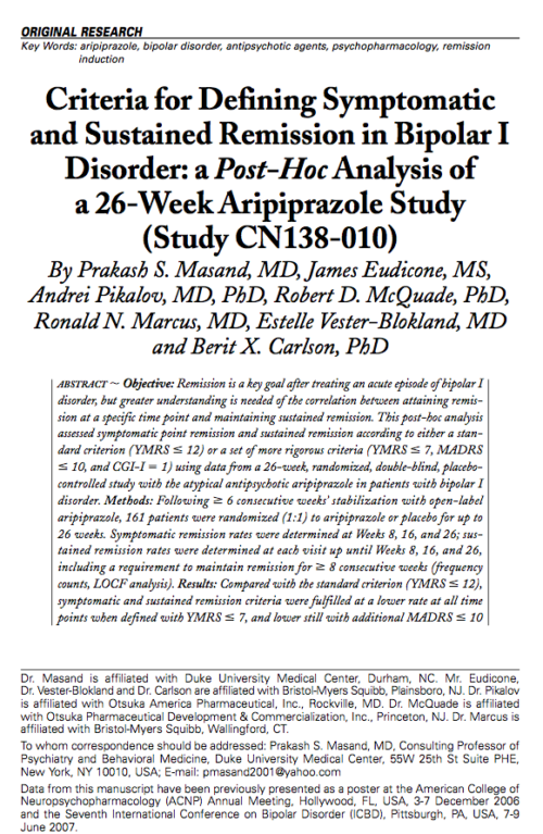 Criteria for Defining Symptomatic and Sustained Remission in Bipolar I Disorder: a Post-Hoc Analysis of a 26-Week Aripiprazole Study (Study CN138-010)