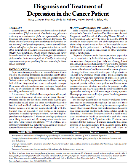Diagnosis and Treatment of Depression in the Cancer Patient