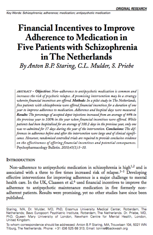 Financial Incentives to Improve Adherence to Medication in Five Patients with Schizophrenia in The Netherlands