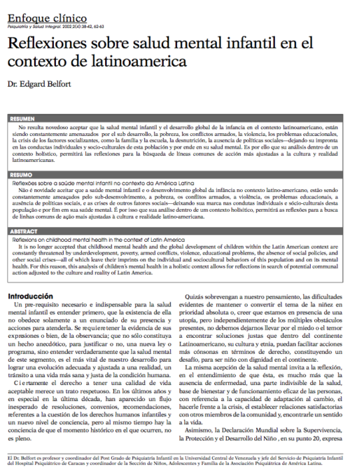 Enfoque clínico: Reflexiones sobre salud mental infantil en el contexto de latinoamerica