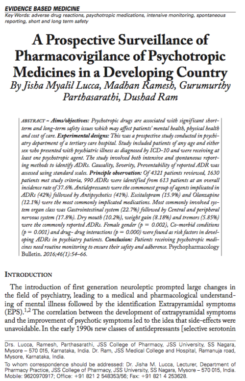 A Prospective Surveillance of Pharmacovigilance of Psychotropic Medicines in a Developing Country