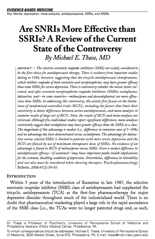 Are SNRIs More Effective than SSRIs? A Review of the Current State of the Controversy
