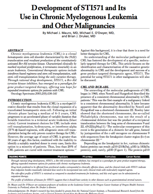 Development of STI571 and Its Use in Chronic Myelogenous Leukemia and Other Malignancies