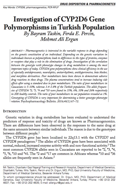 Investigation of CYP2D6 Gene Polymorphisms in Turkish Population