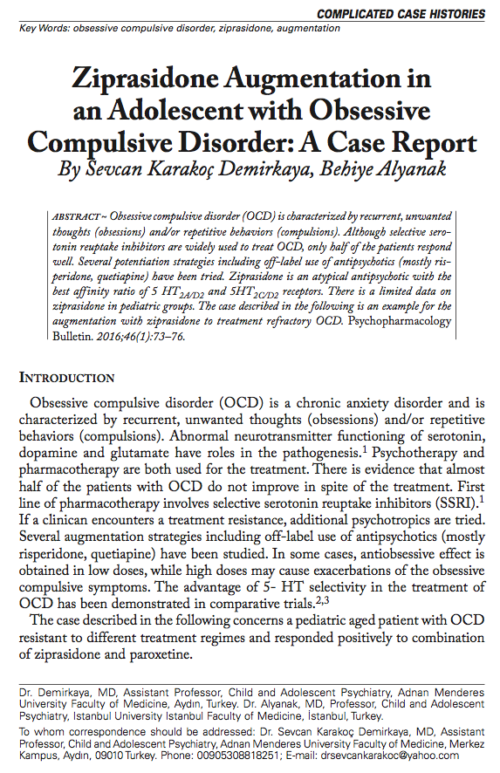 Ziprasidone Augmentation in an Adolescent with Obsessive Compulsive Disorder: A Case Report