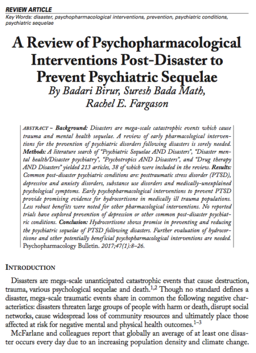 A Review of Psychopharmacological Interventions Post-Disaster to Prevent Psychiatric Sequelae
